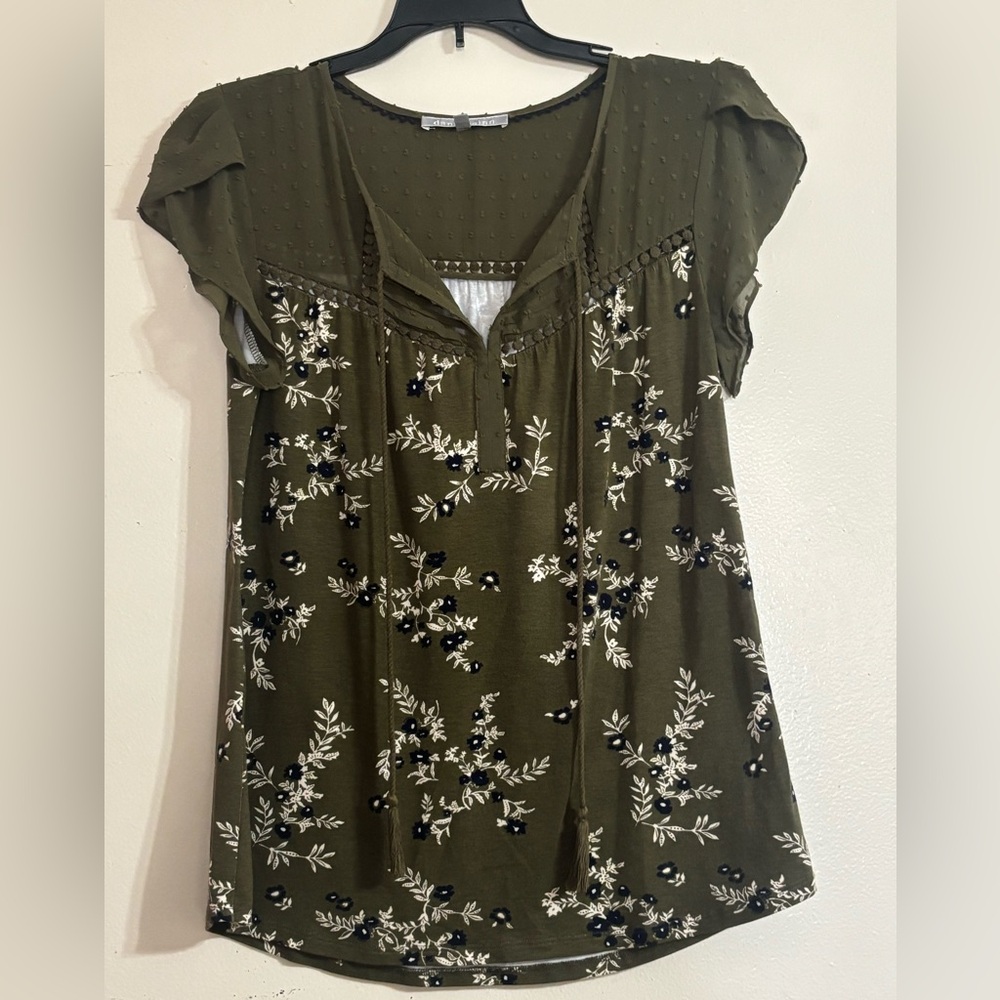 Daniel Rainn Olive Floral Blouse With Tassels